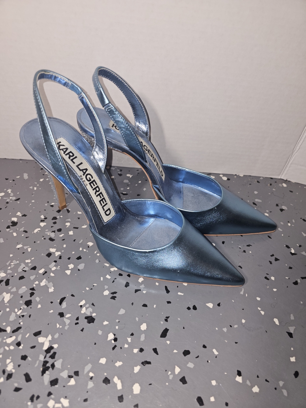 Karl Lagerfeld Metallic Blue Pointed Slingback Heels